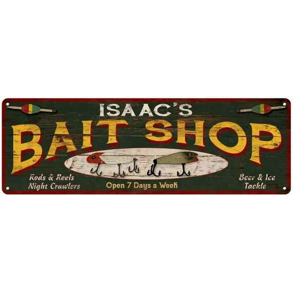 ISAAC'S Bait Shop Sign Wood Look Man Cave Den Gift 6x18 Metal 106180024280