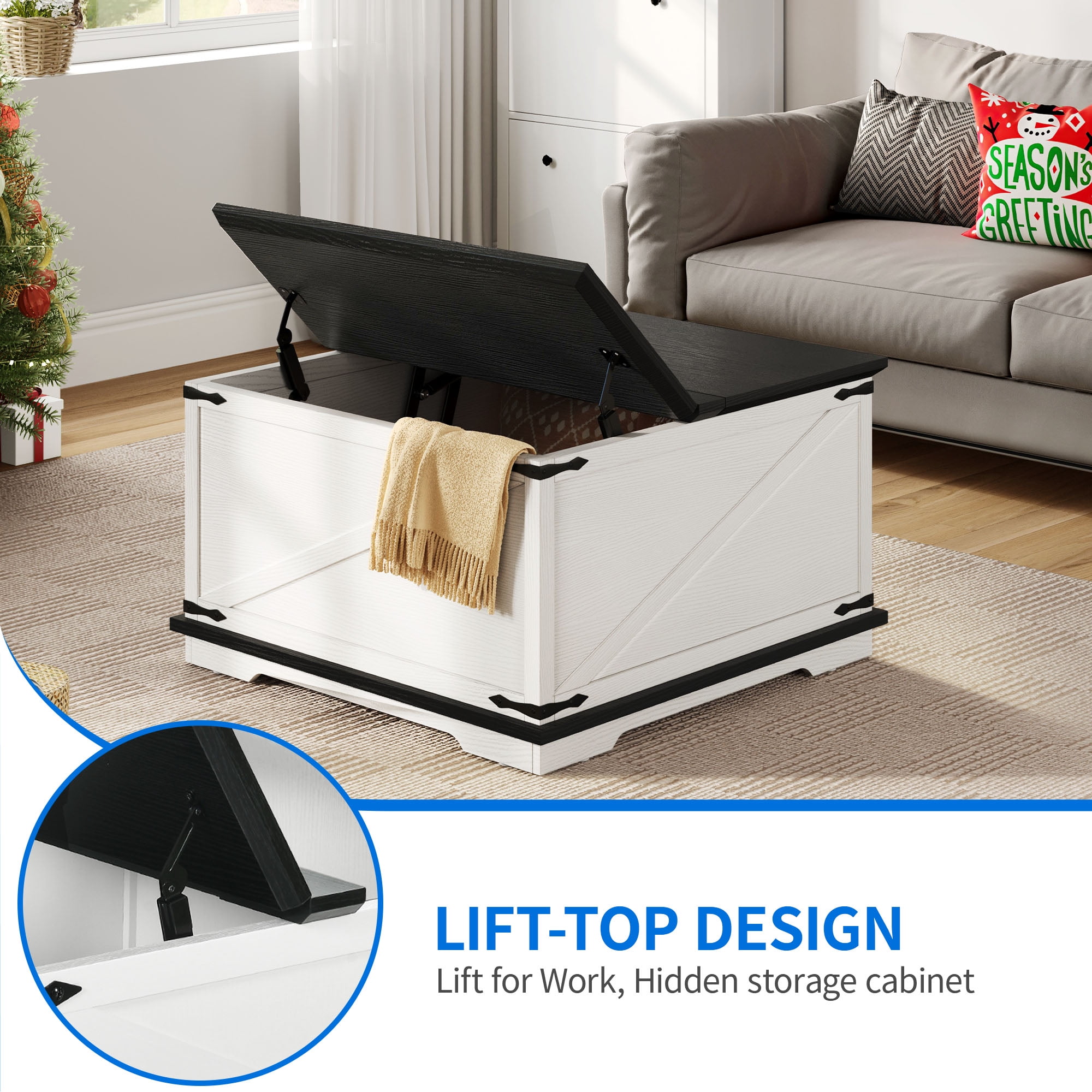 Dextrus Farmhouse Square Lift Top Coffee Table with Storage, Wood Center Table for Living Room, White and Black
