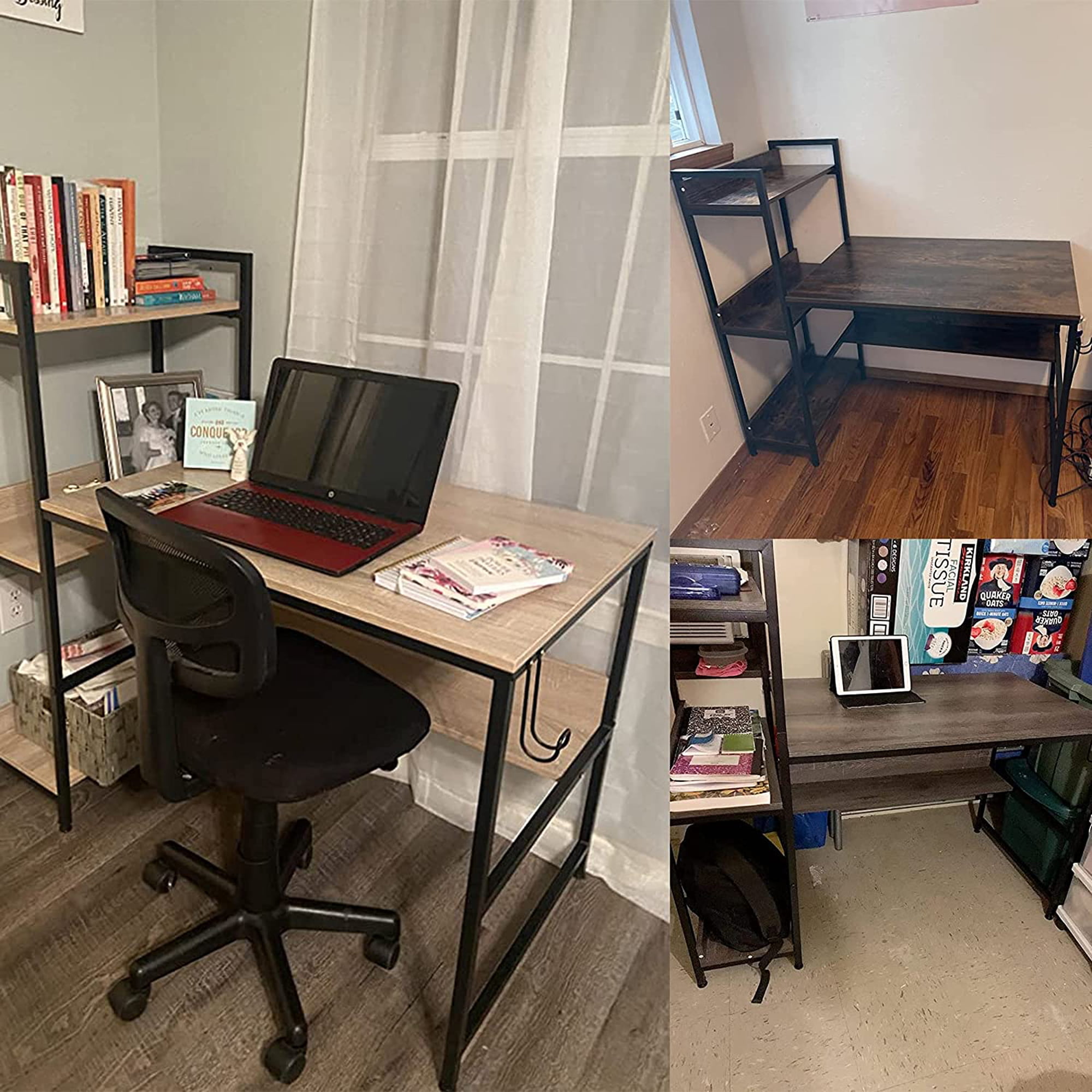 Bestier Computer Office Desk with Steel Frame, Reversible Book Shelves,  Headphone Hook, Adjustable Feet, & Under Desk Storage, Grey