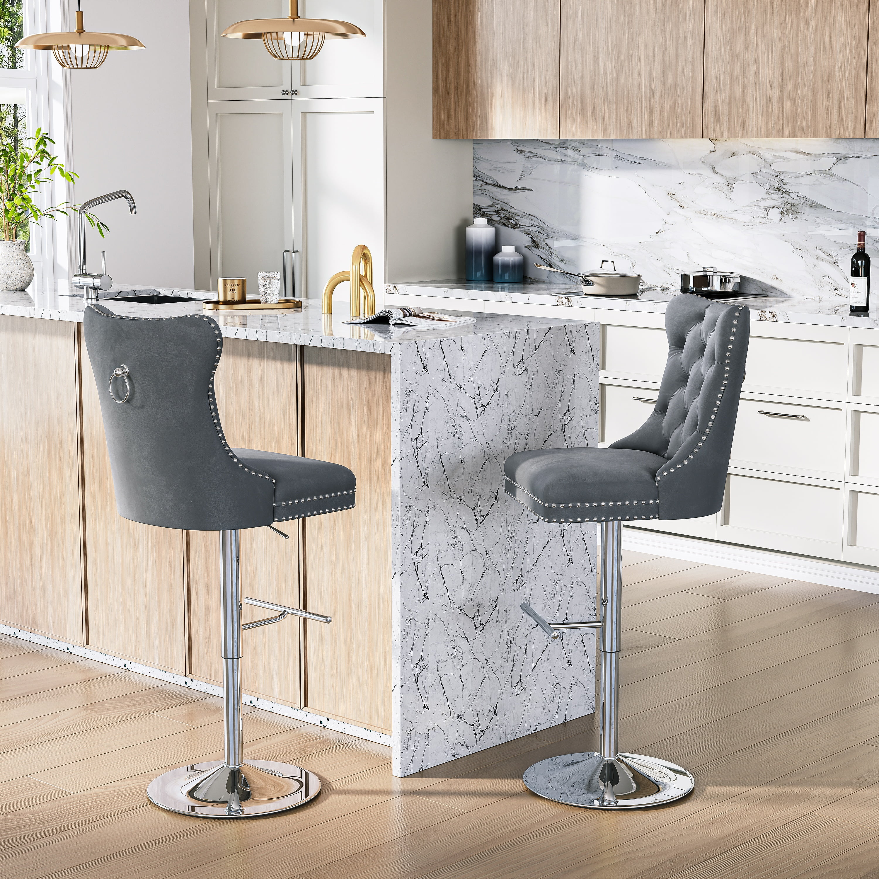 Modern Velvet Bar Stools Set of 4 Adjustable Swivel Counter Height Chairs with Upholstered Back and Nailhead Trim for Home Pub Kitchen Island