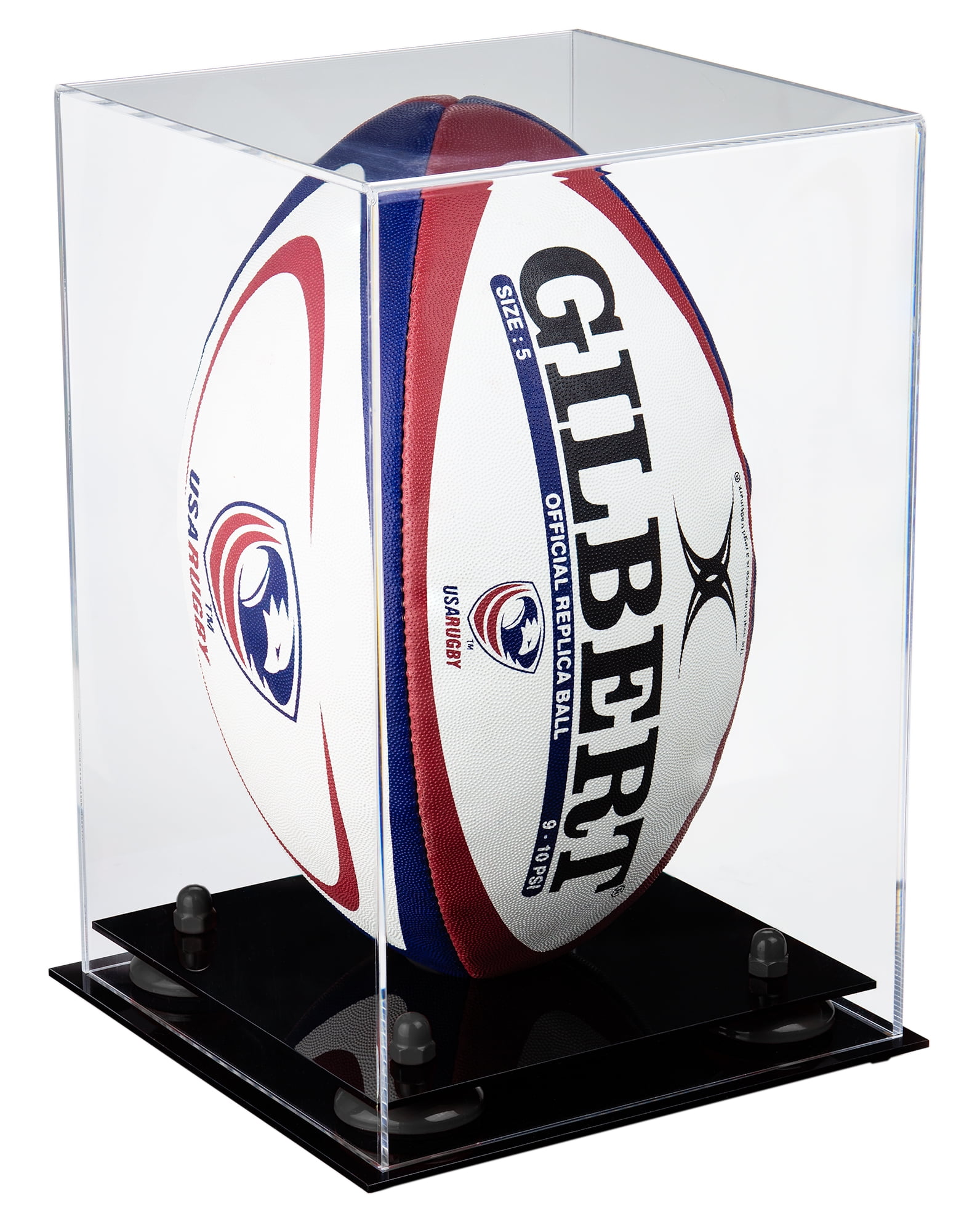 Deluxe Clear Acrylic Rugby Ball Display Case with Black Risers (A060BR