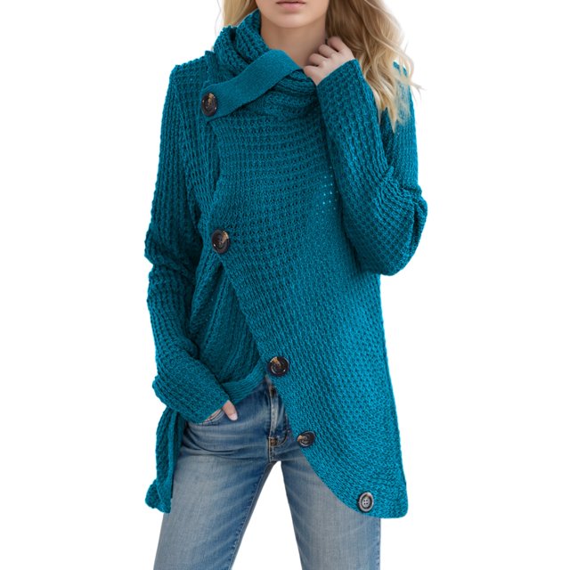 GDREDA Womens Turtleneck Sweaters 2024 Fall Chunky Long Sleeve Asymmetric Knit Pullover Sweaters Sky Blue,S