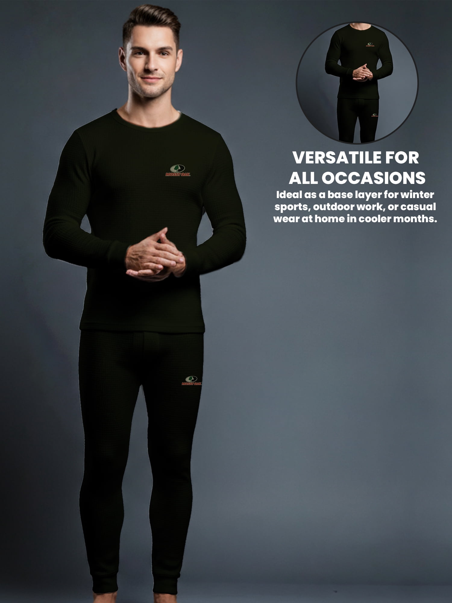 Mossy Oak Mens Thermal Underwear Set Insulated Shirt & Long Johns, Forest Night Small