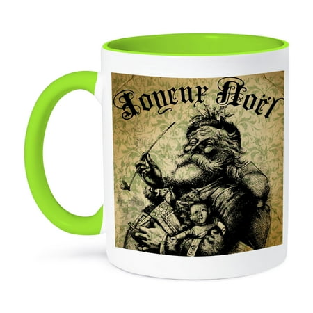 3dRose, Joyeux Noel French Vintage Santa Christmas Art, 15oz Two-Tone Green Mug