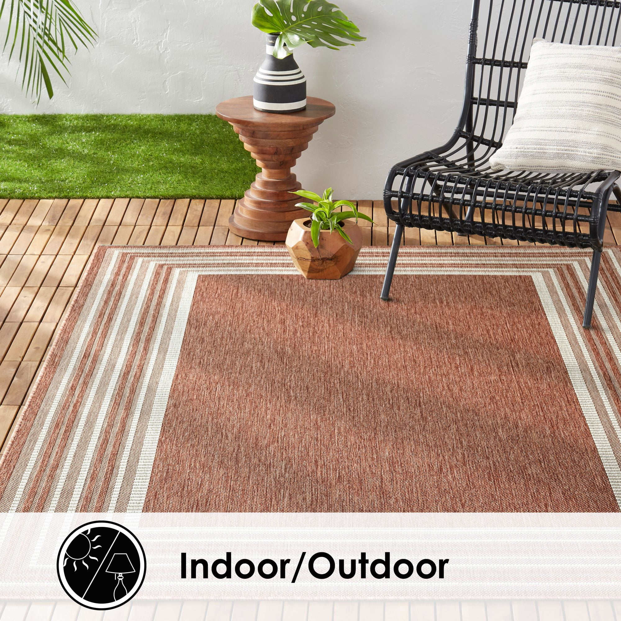 Nicole Miller New York Patio Country Layla Modern Border Indoor/Outdoor Area Rug, Terracotta/Ivory , 7'9"x10'2"