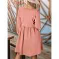 thumbnail image 5 of Women'S Casual Dresses Smocked Crewneck Button Up Long Sleeve Waist A-Line Mini Dress Pink S, 5 of 8