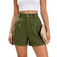 thumbnail image 4 of CIENVNSTG Bermuda Shorts for Women Solid Color Summer Dressy Casual Elastic High Waisted Shorts Roll Up Pleated Wrap Hem Wide Leg Knee Length Shorts with Pockets for Daily Wear Army Green M, 4 of 5