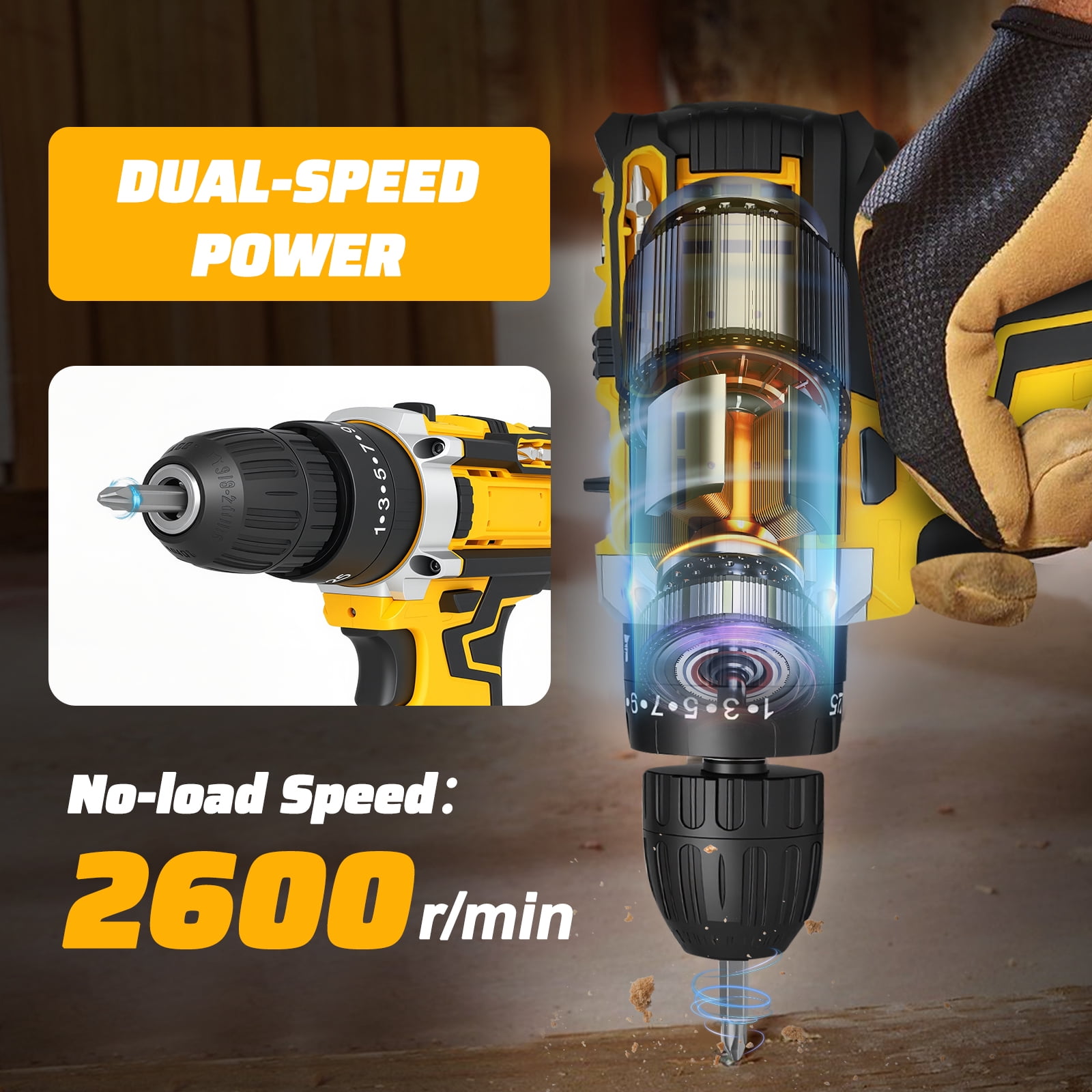 Globalsource 21V Brushless Cordless Hammer Drill & Impact Driver Combo Kit, 2-Speed Power Drill with 2x1.5Ah Batteries & 1H Fast Charger, 25+1 Torque, 2600rpm