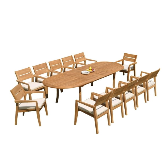 Grade-A Teak Dining Set: 12 Seater 13 Pc: 118" Oval Table And 12 Vellore Stacking Arm Chairs Outdoor Patio WholesaleTeak #51VL2613