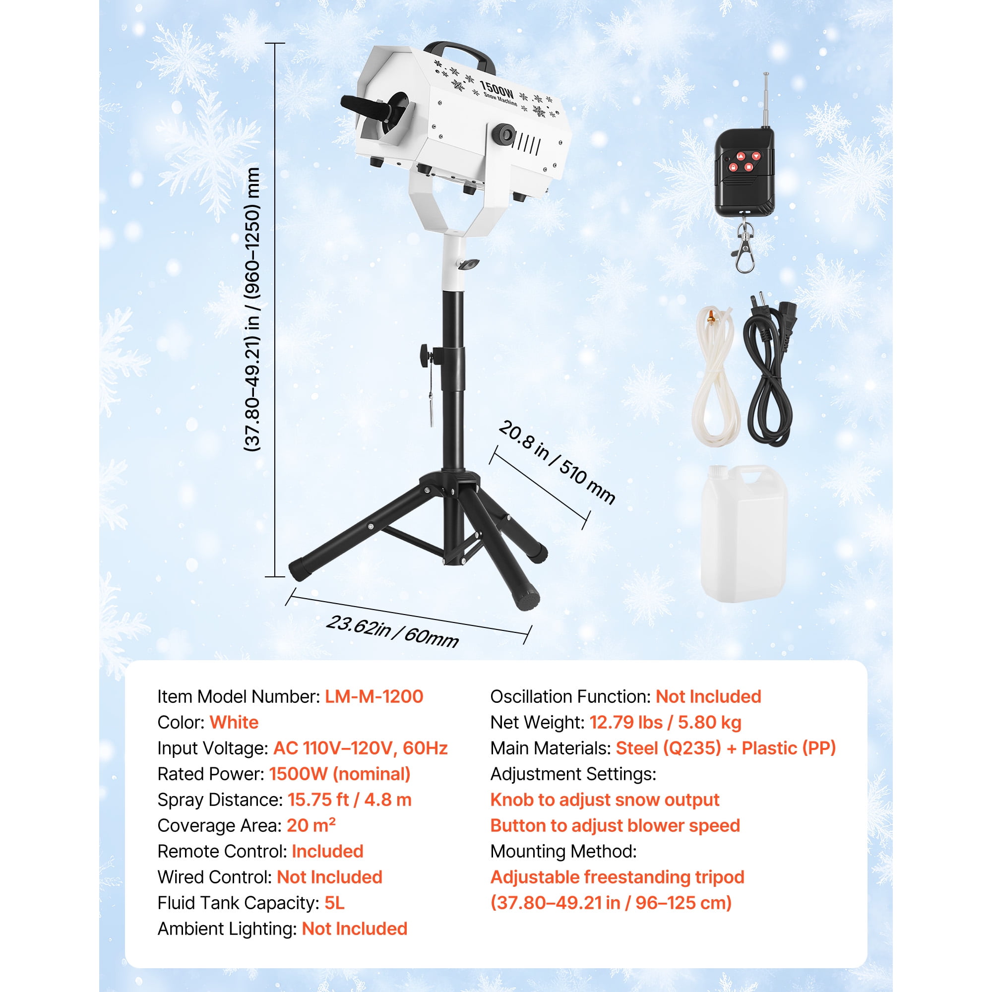 KFFKFF 1500W Snow Machine Snowflake Maker with Adjustable Stand for Holiday Parties & Events Q235 Steel PP 20.08"×23.62" White