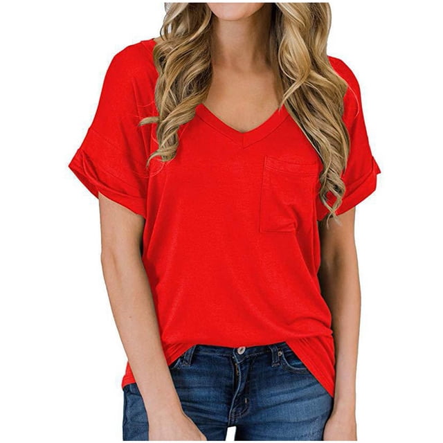 Hauts à Manches Courtes pour Femmes Hauts Unis à Manches Courtes Col en V Décontracté avec Poches T-Shirt Hauts Décontractés pour Femmes