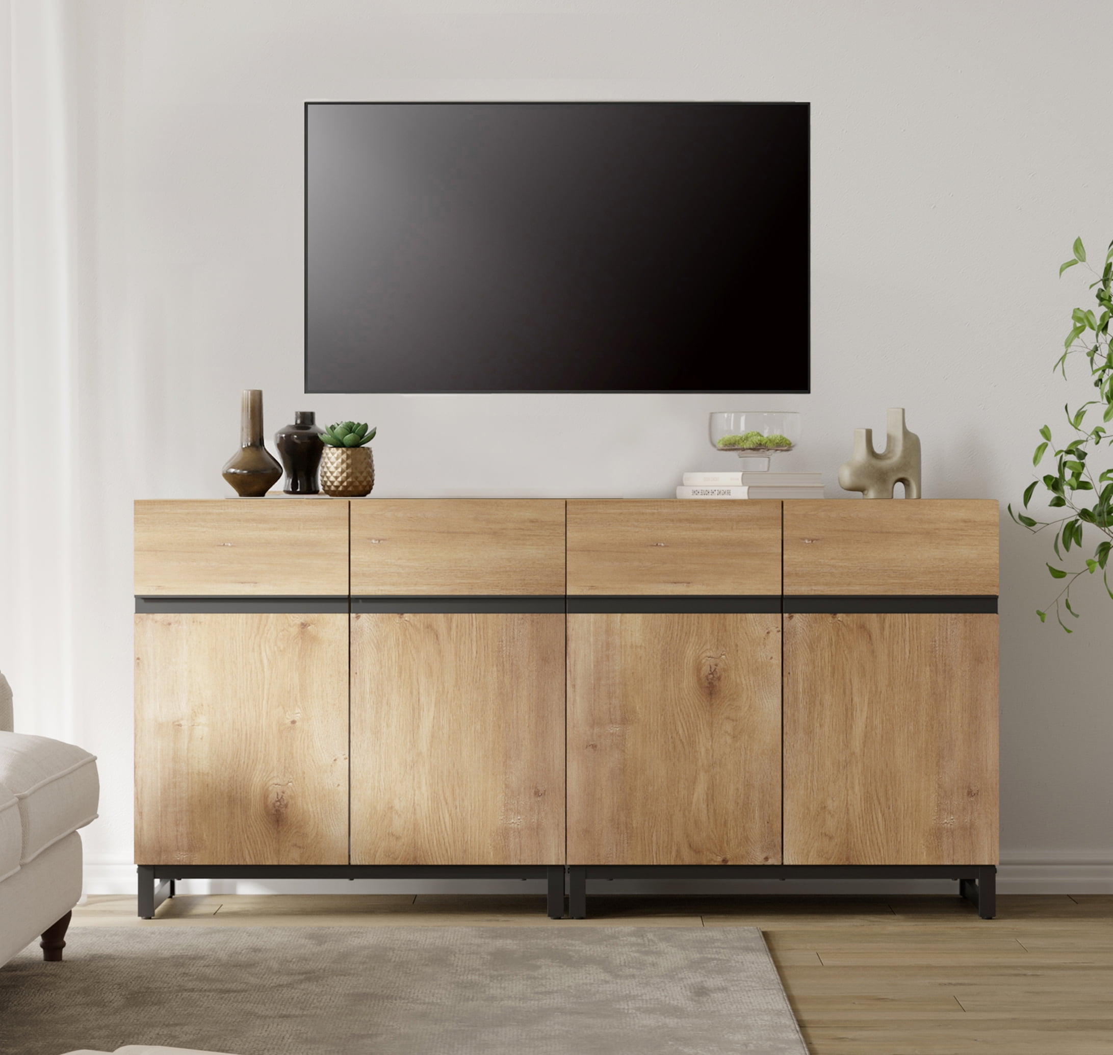 WAMPAT Modern TV Stand for TVs up to 70 inch, 2 in 1 Entertainment Center TV Console with Adjustable Shelves and Metal Base for Living Room,Bedroom,Oak