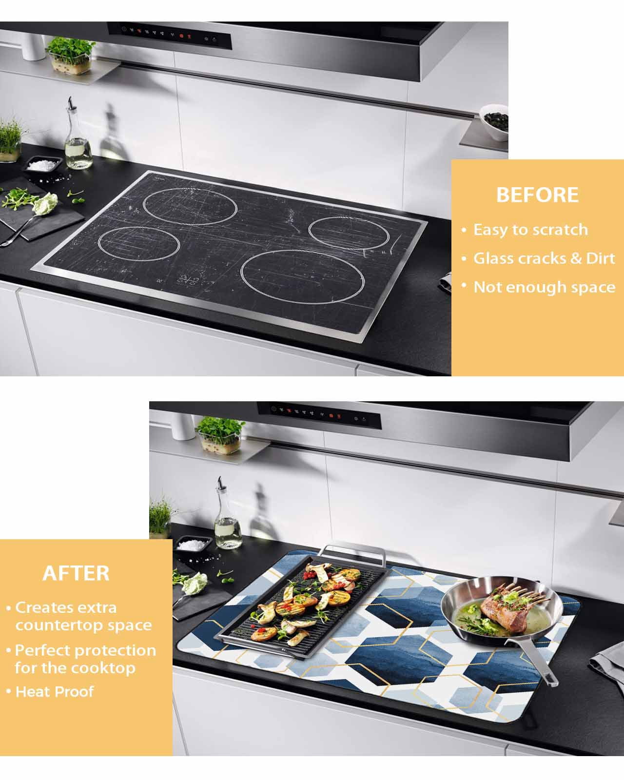 nqOlkjepod Large Induction Cooktop Protector Mat 36"x21", Navy Blue Geometric Stove Top Covers for Electric Stove, Gold White Hexagon Modern Decorative Stove Burner Cover Mats, Glass Top Stove Cover