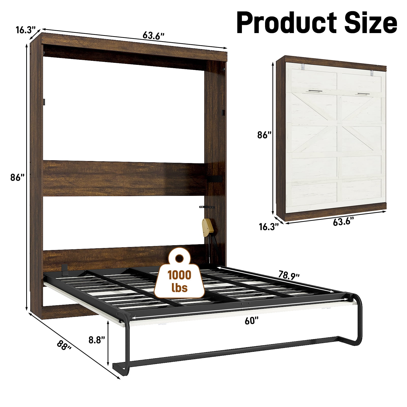 ChVans Queen Size Murphy Wall Bed with 2 LED Lights, Farmhouse Wood Space-Saving Hidden Folding Bed Chest, Multifunctional Storage Cabinet Bed with Gas Struts for Bedroom, Guest Room, Office