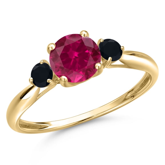 Gem Stone King 10K Yellow Gold Red Created Ruby and Black Onyx 3-Stone Ring for Women | 1.20 Cttw | Round 6MM | Gemstone July Birthstone | Size 8