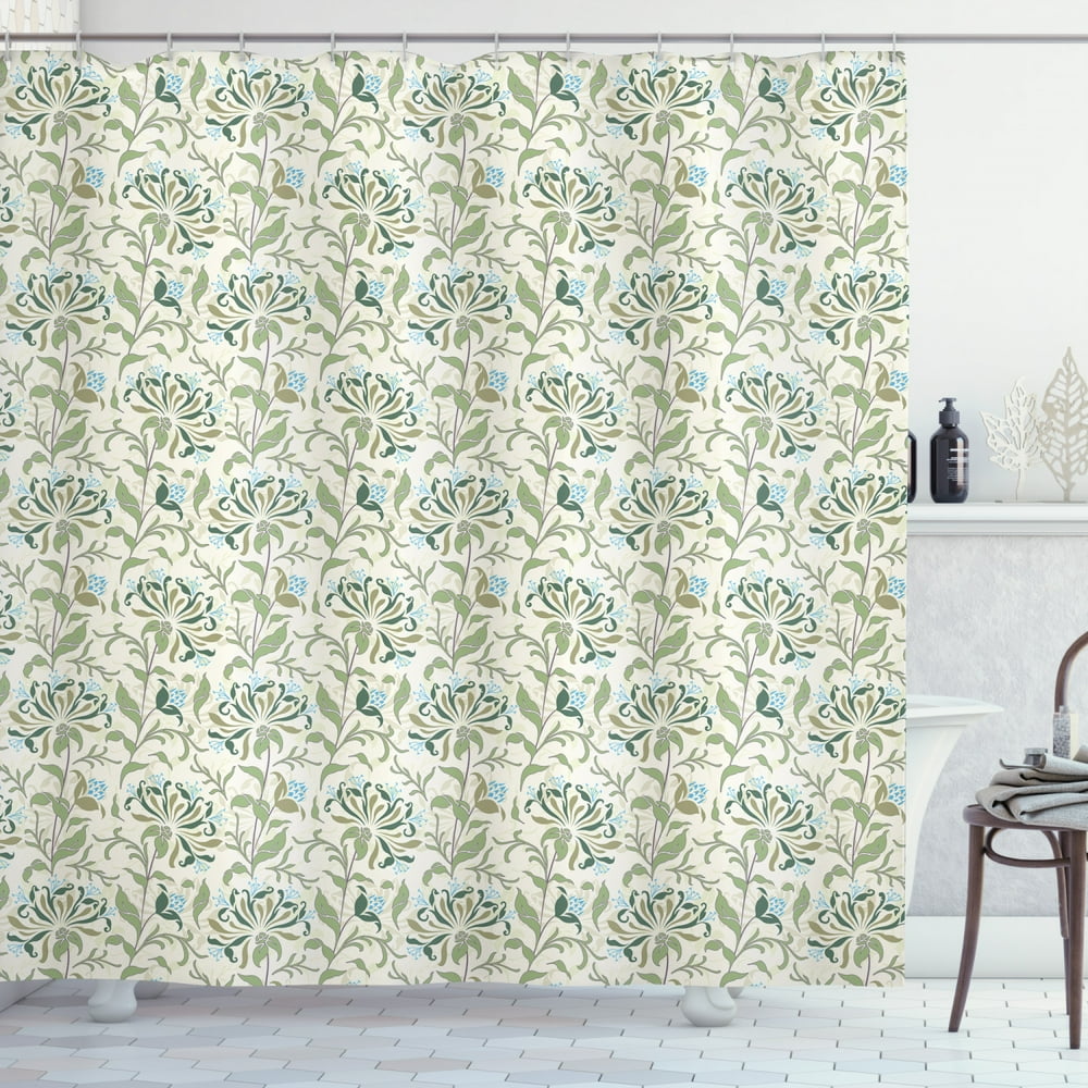 Green Shower Curtain, Pastel Colored Floral Ornaments Soft Petals