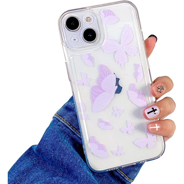 Compatible con iPhone 14 Funda transparente con diseño de mariposas para mujeres y niñas, estética, suave, delgada, de TPU, a prueba de golpes, protectora para iPhone 14 - Mariposa morada