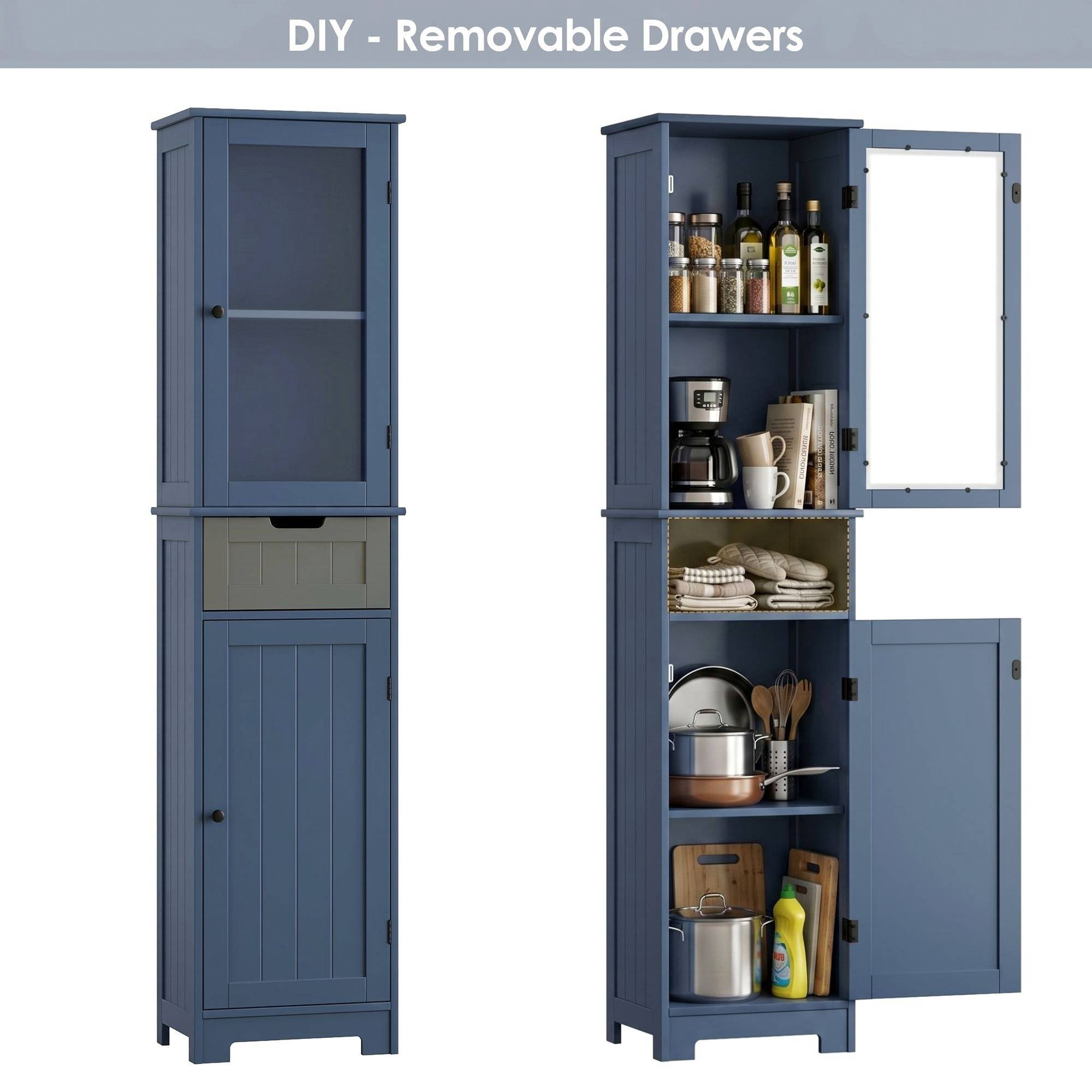 Homfa Narrow Kitchen Pantry Storage Cabinet, 67" Slim Pantry Cabinet with Drawer and Door, Space-Saving Freestanding Storage Cabinet for Small Place, Blue