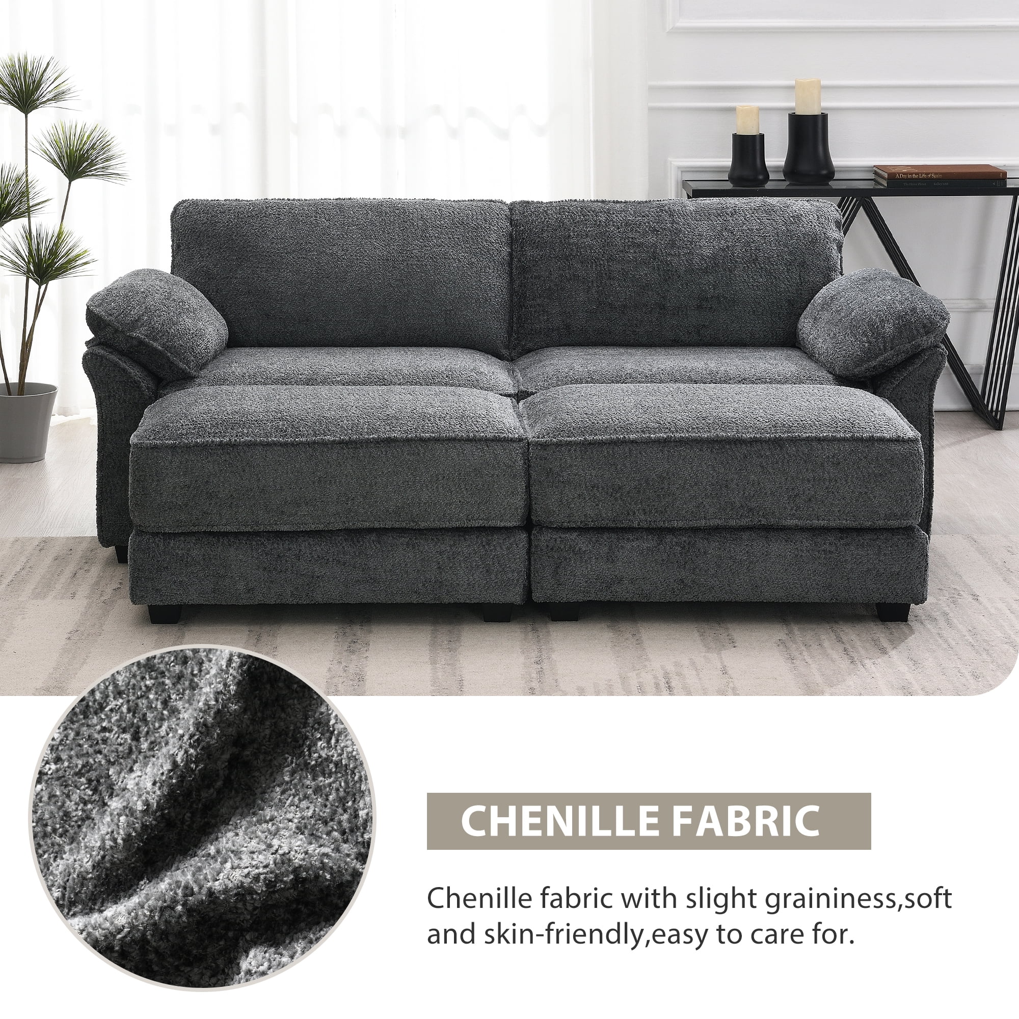 MAYEERTY Modular Convertible Sectional Sofa Bed - 4-Seat Upholstered Sleeper Corner Couch, Deep-Seat Loveseat with Ottoman for Living Room/Office, 2 Colors