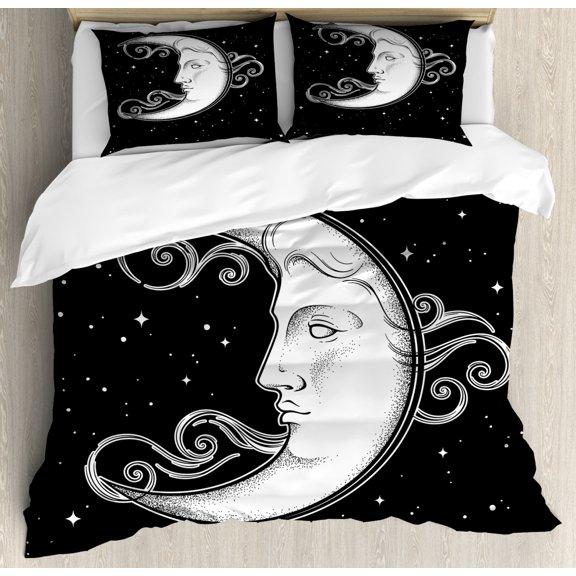 Moon Rays Duvet Cover Set King Size, Antique Stylized Crescent Art Image Creative Night Illustration, Decorative 3 Piece Bedding Set with 2 Pillow Shams, Charcoal Grey and White, by Ambesonne