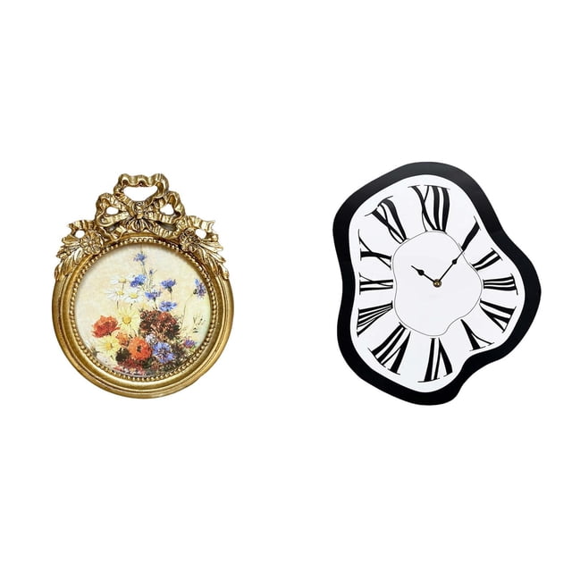 Marco de fotos redondo,Pequeño cuadro vintage dorado para pared,Reloj de pared,Reloj de pared interior con números romanos nórdicos,Relojes distorsionados Reloj electrónico de lujo moderno