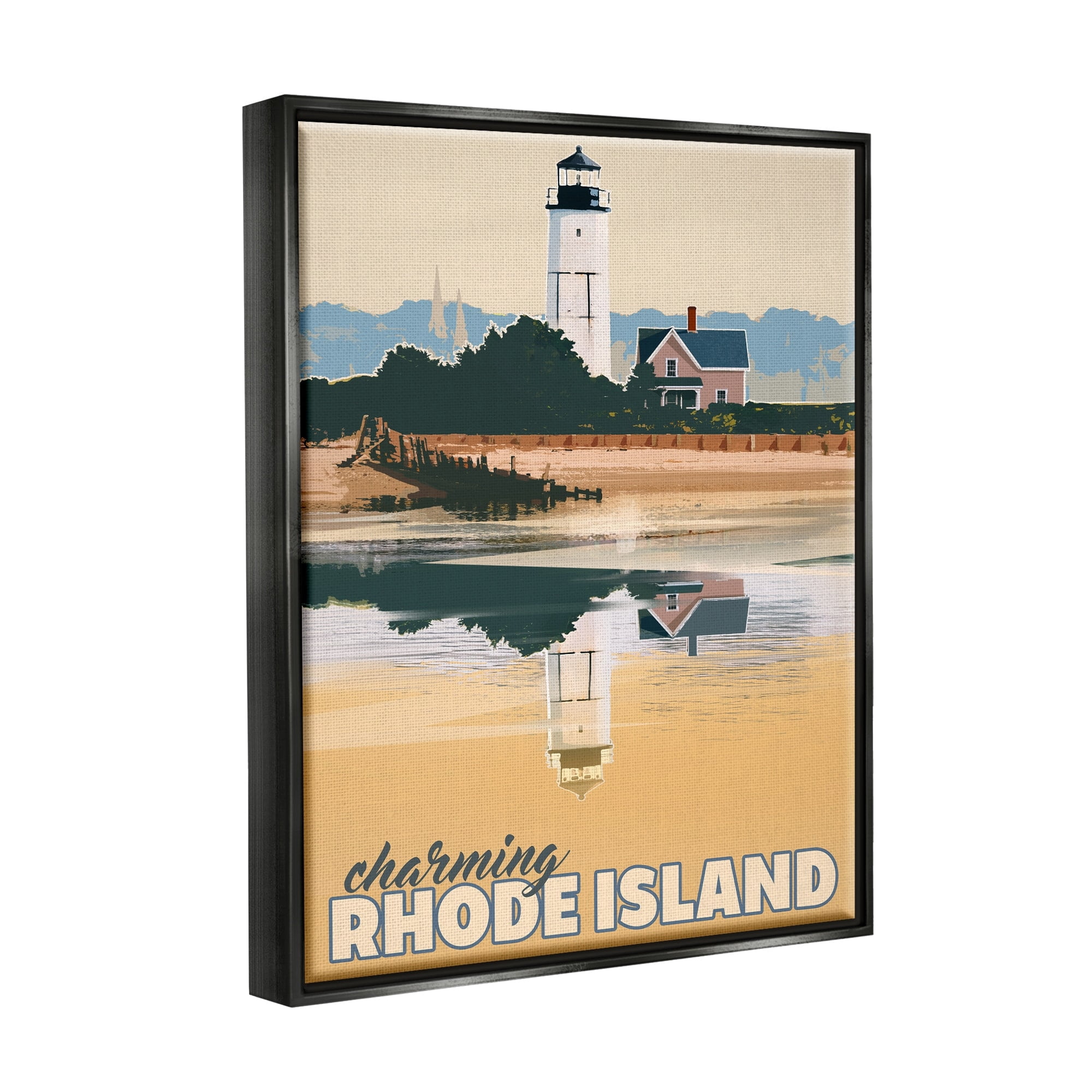 Stupell Industries Travel Charming Rhode Island Seaside Lighthouse Beacon Graphic Art Jet Black Floating Framed Canvas Print Wall Art, Design by David Owens Illustration