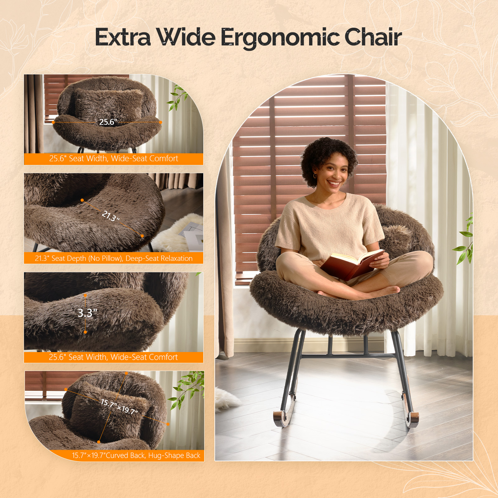 Ktaxon Rocking Accent Chair with Padded Seat, Cute Cozy Nest Style Nursery Chair, Long Pile Fabric Glider Rocker with Wooden Metal Frame Coffee
