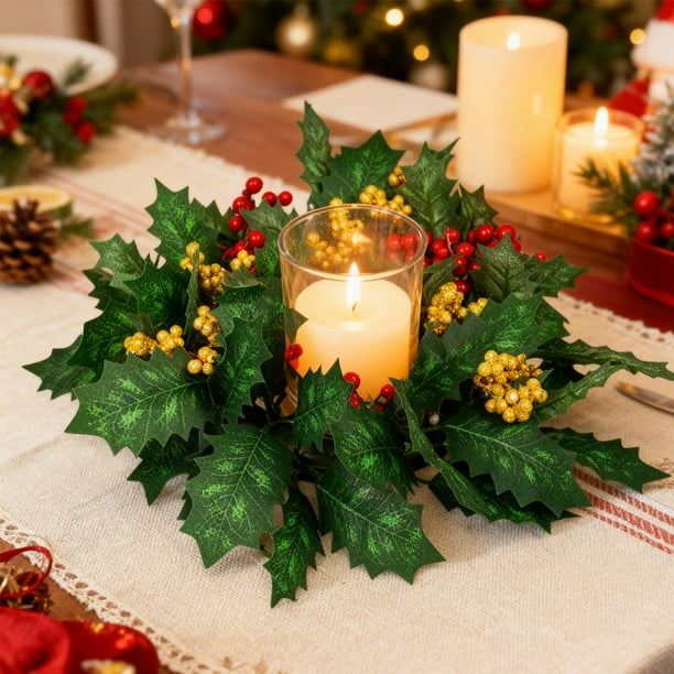 Centro de mesa de corona de velas de Navidad | Guirnalda artificial de piñas de bayas doradas de hoja perenne | Decoración navideña biomimética de 30cm | Adornos de Mesa, Entrada | Elegante arreglo
