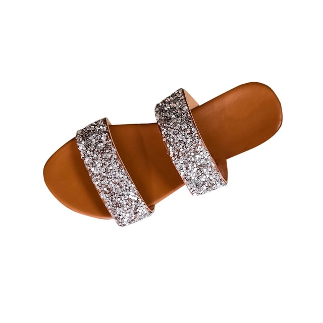 Beach Flat Sandals for Women, Solid Color Slip-On Style with Sequined Rhinestone Strap, Soft Footbed, Open-Toe Design, Lightweight Sole, Breathable Summer Footwear
