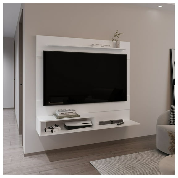 Beijing Floating Entertainment Center, One Superior Shelf and Two Lower Shelves, Space for TV, White MDF