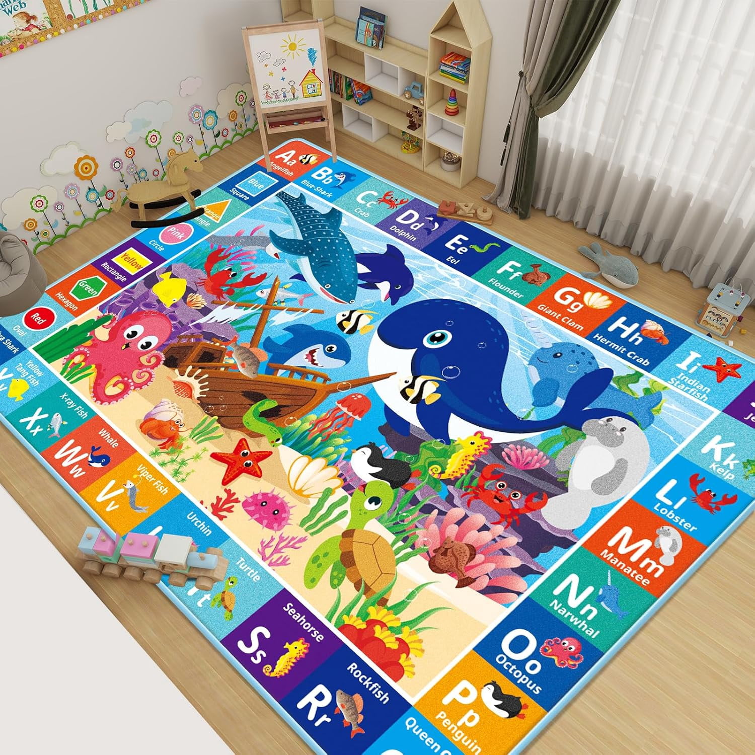 Baby Play Mat for Floor, Ocean ABC Kids Play Mat, Sea Animals Kids Rugs for Girls and Boys Playroom, Foldable Kids Rug Mat for Baby Toddler Infants Crawling Playing (78.7X59 INCH)