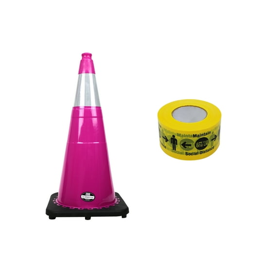 RK-Safety 28" Pink Traffic Safety Cone, Black Base One Tape with High-Visibility Pandemic Barricade Tape (2 cone 1 Roll Tape )