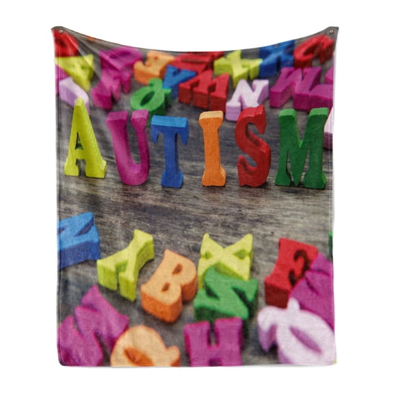 Autism Soft Flannel Fleece Throw Blanket, Colorful Image of Toy Alphabet Placed in an Arrangement on a Wooden Background, Cozy Plush for Indoor and Outdoor Use, 60" x 80", Multicolor, by Ambesonne