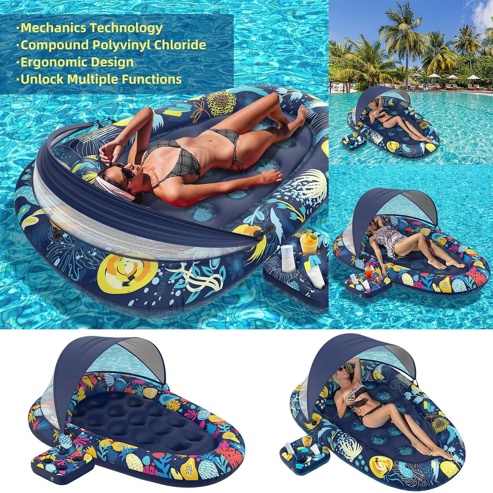 3-in-1 Inflatable Pool Float with Canopy and Cup Holder, Adult Pool Lounger Raft for Swimming Pools, Lakes and Beaches, for Relaxation and Pool Parties
