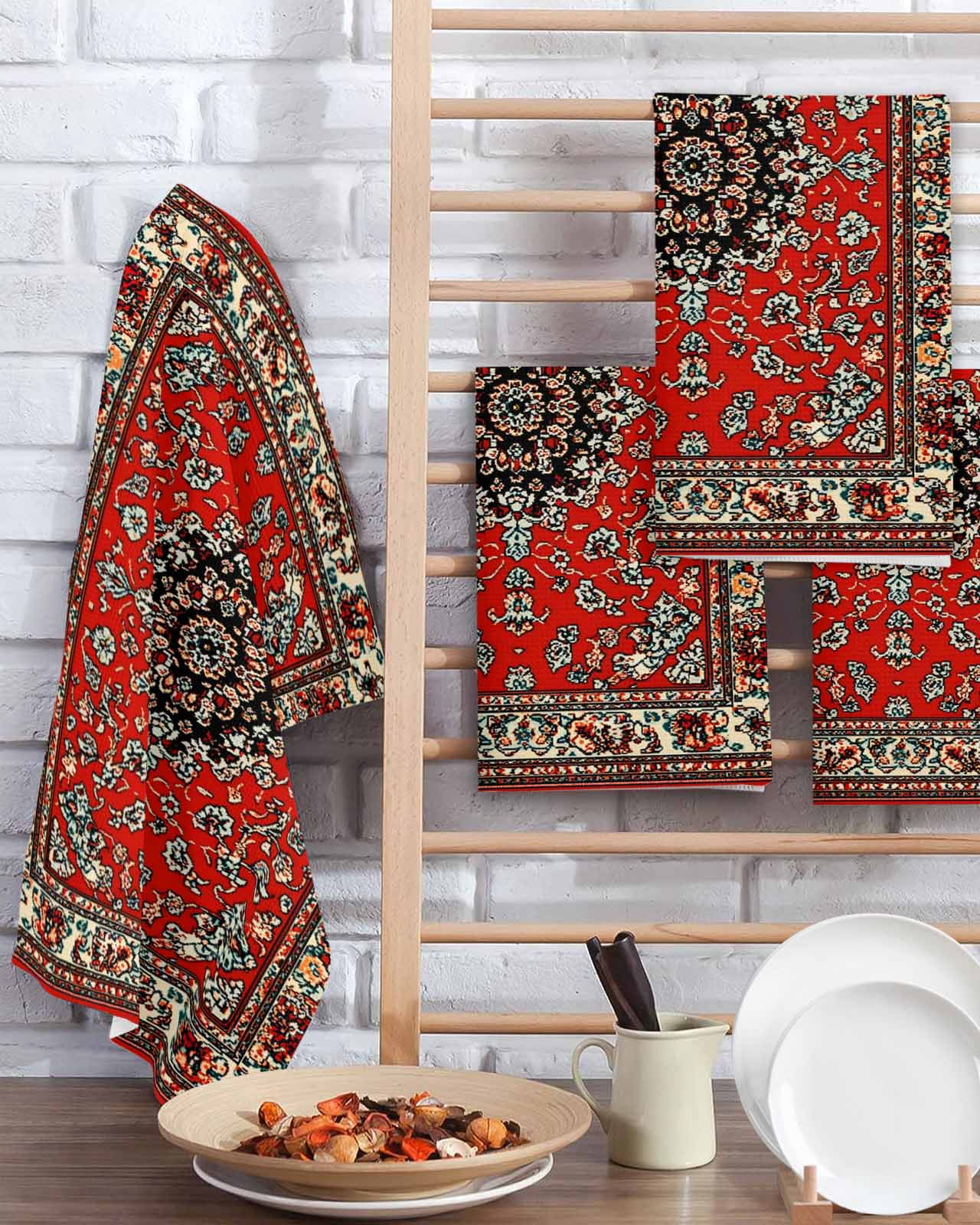 Red Boho Kitchen Dish Towels for Drying Dishes Set of 3, Vintage Farmhouse Abstract Floral Aesthetic Waffle Weave Microfiber Terry Hand Tea Bathroom Towels Quick Dry & Absorbent Towel 15.7x23.6