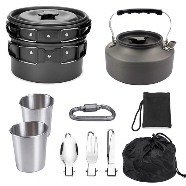 Utensilios de cocina al aire libre Sunnimix 1 Olla 1 sartén 1 Hervidor 2 tazas 1 tenedor 1 cuchillo