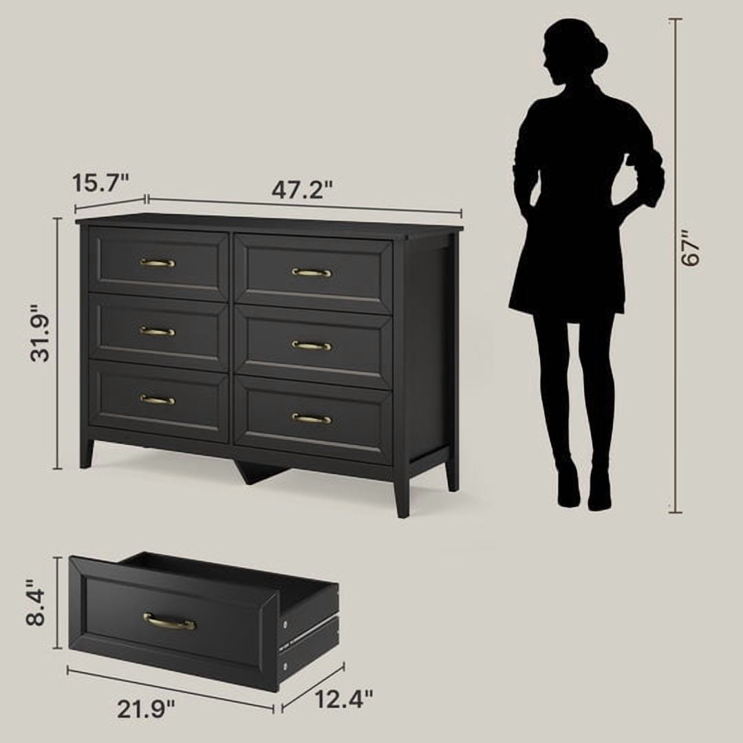 Aiho Farmhouse Dresser for Bedroom, 47.2" Wide 6 Drawer Dresser Storage Organizer, Wood Chest of Drawers for Bedroom, TV Stand for 50 inch TV, for Living Room, Hallway - Black