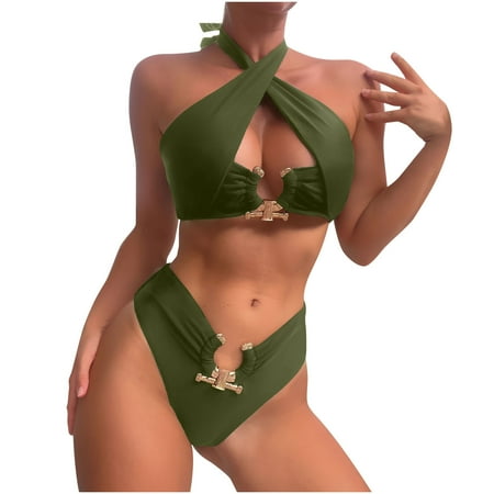 ylioge Womens Two Piece Bikini Sets Swimsuits Summer Saving Clearance Solid Halterneck Bras High Waisted High-Cut Thongs Swimwear Bathing Suits