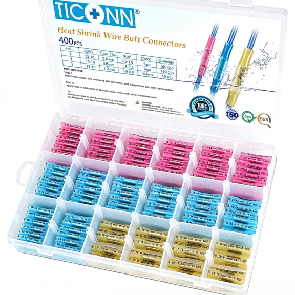 TICONN 400pc Heat Shrink Butt Wire Connectors Kit, Waterproof Crimp Terminals
