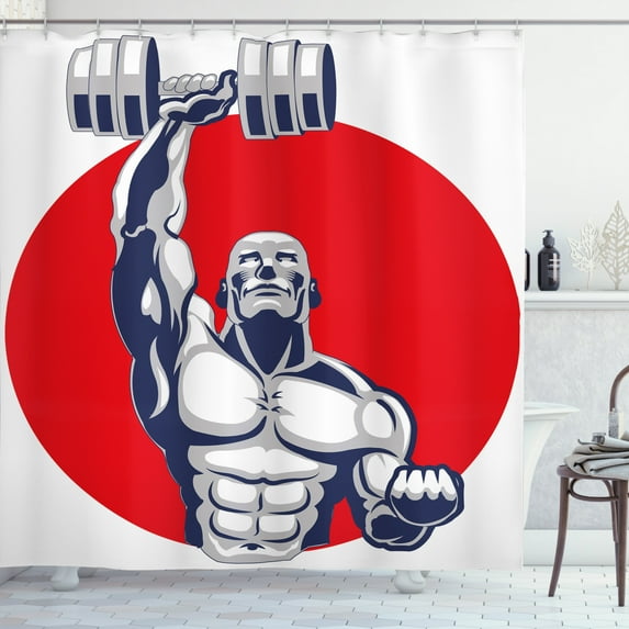 Ambesonne Fitness Shower Curtain, Muscular Man Lifting, 69"Wx75"L, Grey Red White