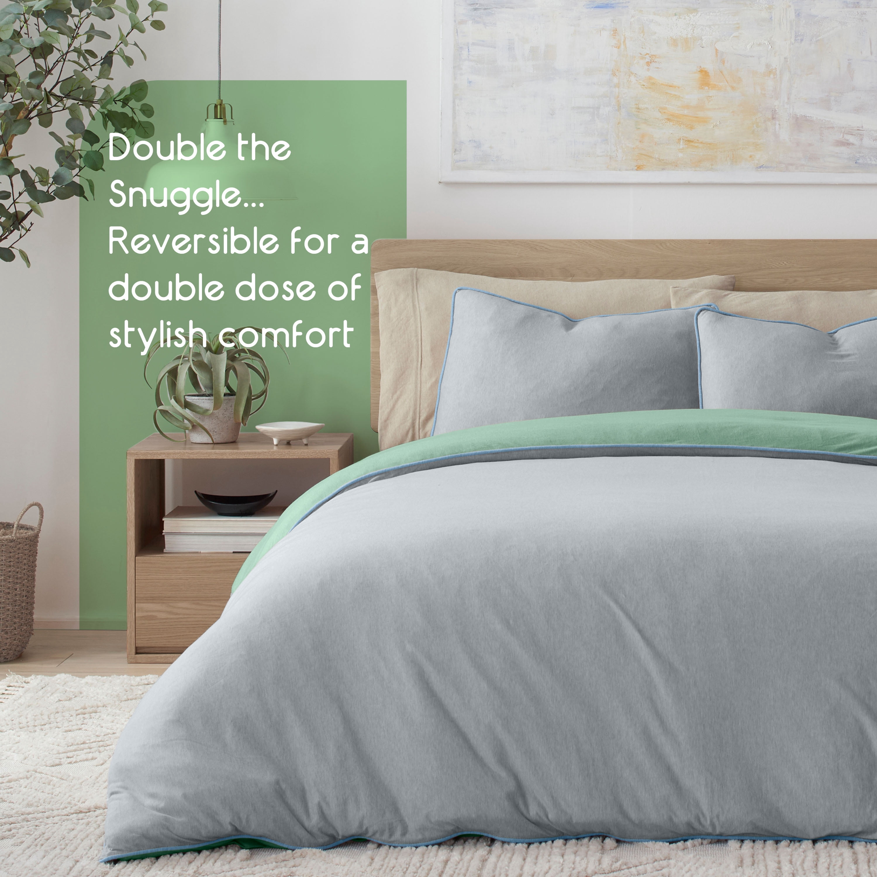 Vellux Jersey Knit 3-Piece Comforter Set, Cotton Blend, Queen, Sage/Gray