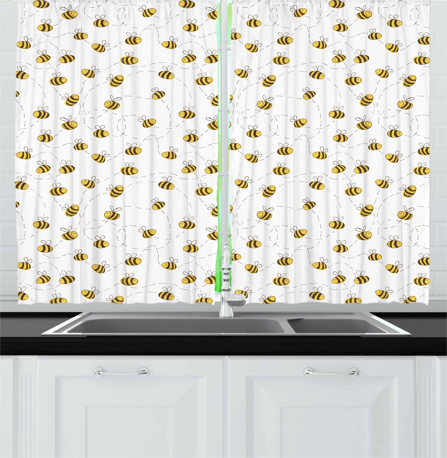 Bee Curtains 2 Panels Set, Simplistic Illustration of Buzzing and