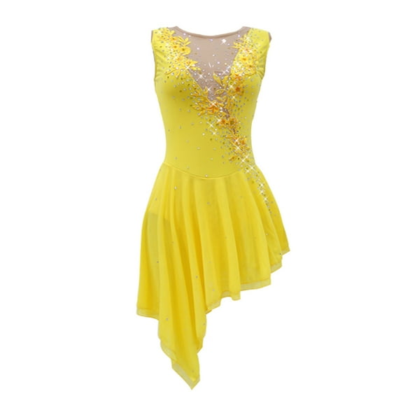LIUHUO Custom Figure Skating Dress Girls Women Stretch Yellow Spandex 3D Embroidered Flower Diamond Decoration Irregular Skirt Tail