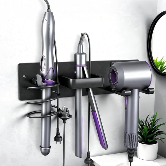 MORAVE Matte Black Wall Mount Blow Dryer Organizer, 3-in-1 Universal Storage for Hair Dryer Curling Iron Flat Iron, Bathroom Wall Tool Storage Rack