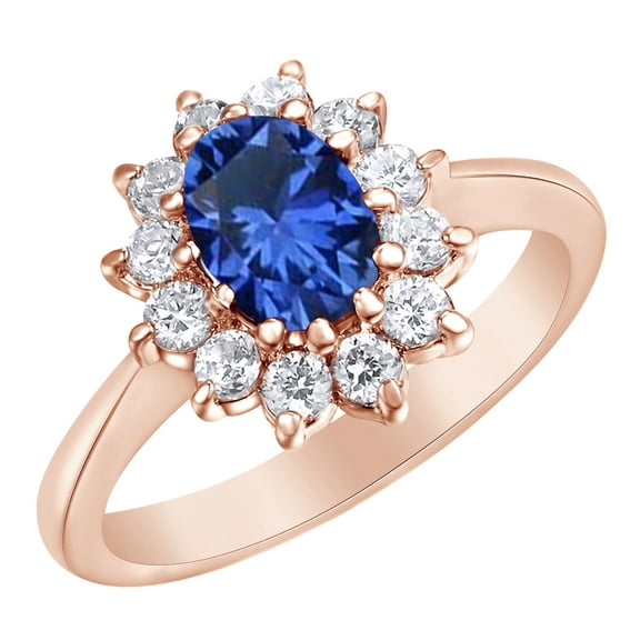 AFFY Cubic Zirconia & Simulated Sapphire Halo Engagement Ring in 14k Rose Gold Over Sterling Silver (2 Cttw), Ring Size - 4