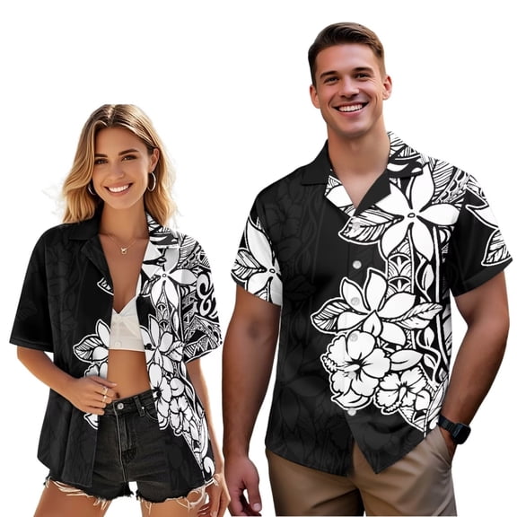 Uorisanigo Hawaiian Flower Couple Matching Outfit Button-Down Shirt for Men Casual Hawaiian Shirts for Summer and Women's Short Sleeve Shirts Fashion Summer Beach Shirts