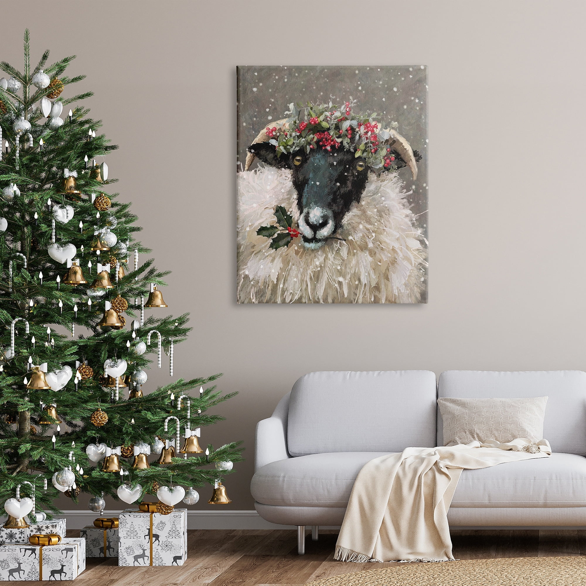 Stupell Industries Holiday Berries Farmhouse Sheep Holiday Painting Gallery Wrapped Canvas Print Wall Art