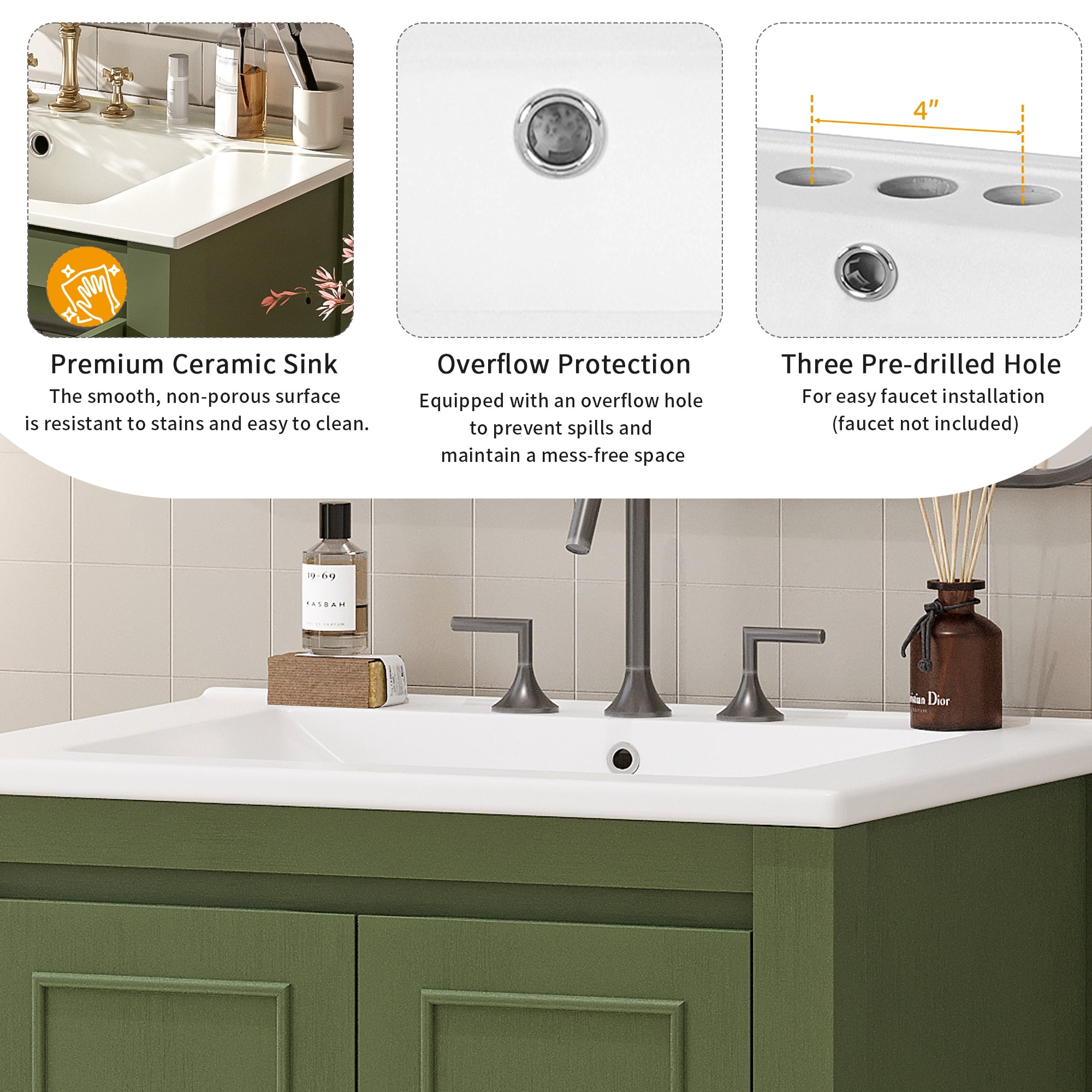 Euroco Bathroom Vanity with Ceramic Sink, Soft-Close Doors, and Adjustable Storage Shelf, Vintage Wood Cabinet for Small Bathrooms