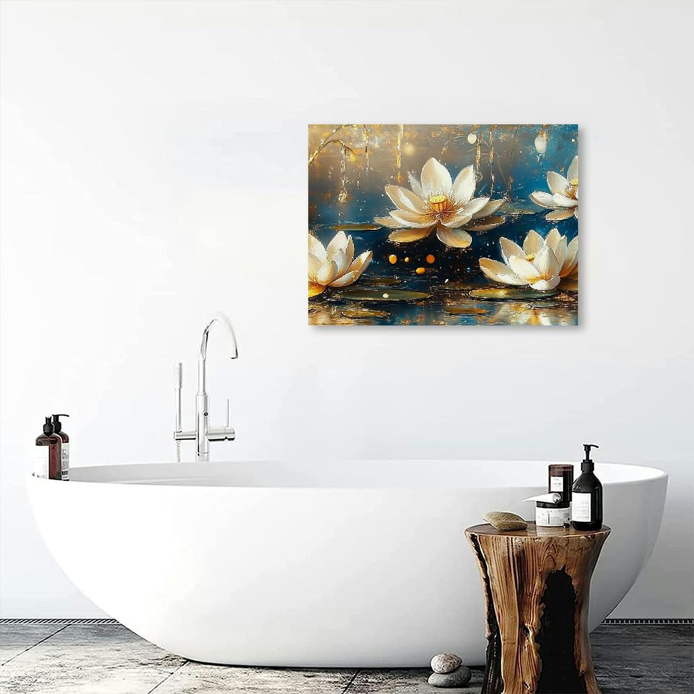 BROOKMAPLES Large Canvas Wall Art for Living Room Bedroom Home Office Blue White Lotus Flower Picture Framed Canvas Prints Artwork Ready to Hang Size 24x48 20x16in