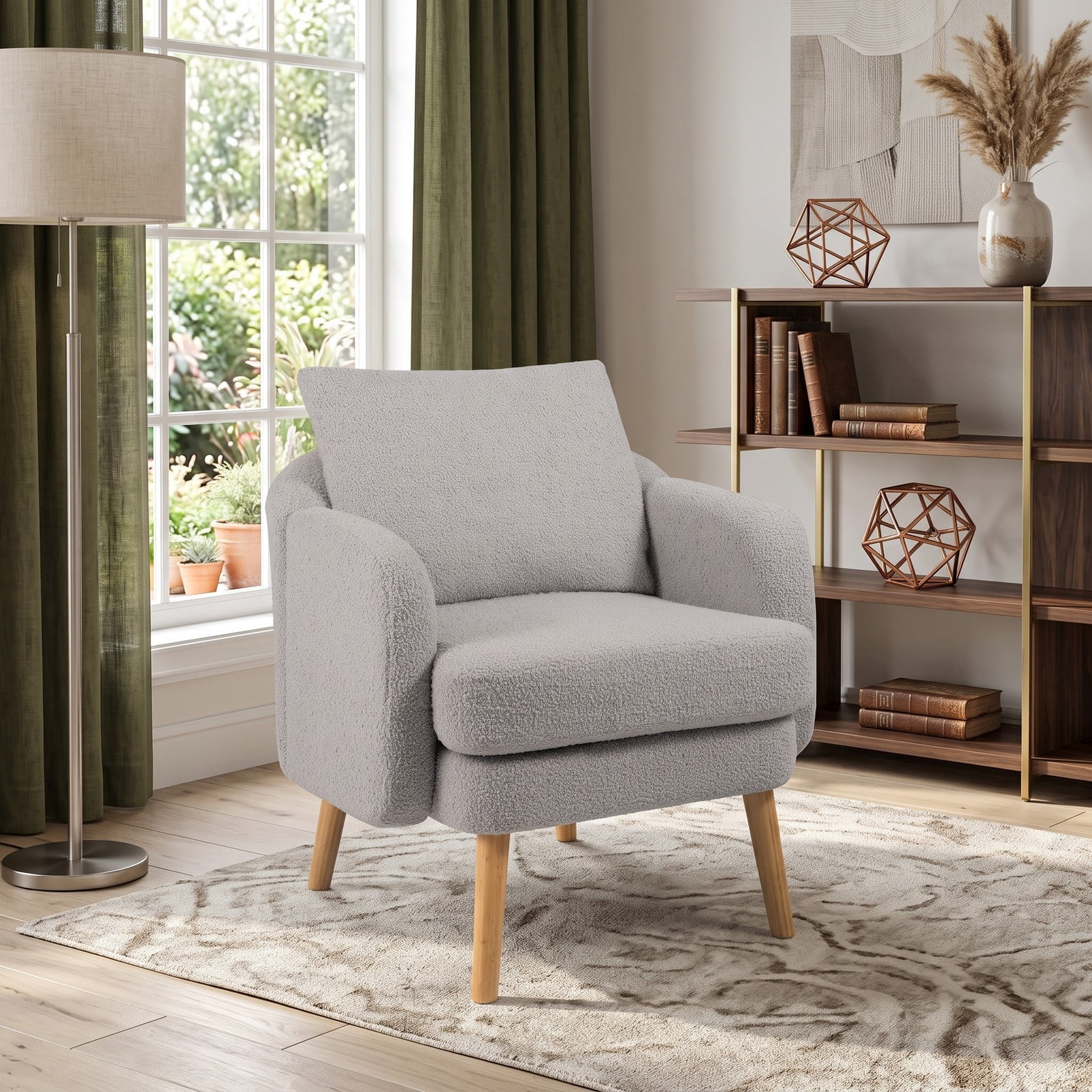 Furnibear Sherpa Accent Chair, Modern Upholstered Living Room Armchair with Seat Cushion and Lumbar Pillow, Solid Rubber Wood Legs, Cozy Single Sofa Chair for, Grey